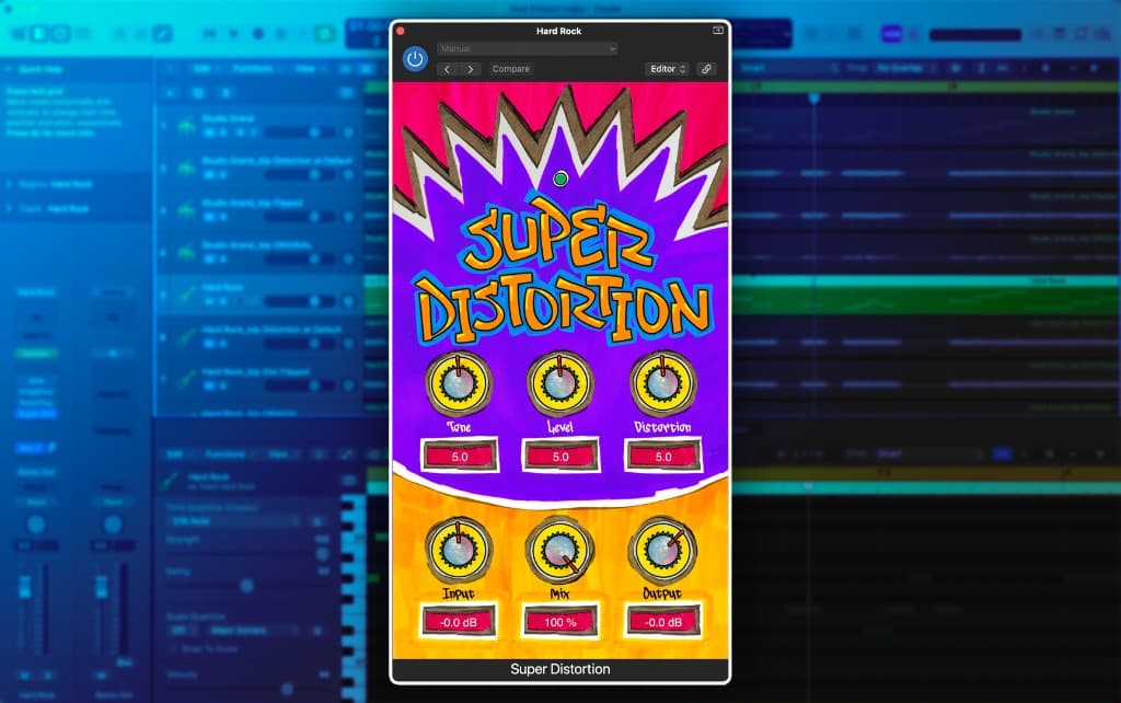Super Distortion plugin window open over a DAW session